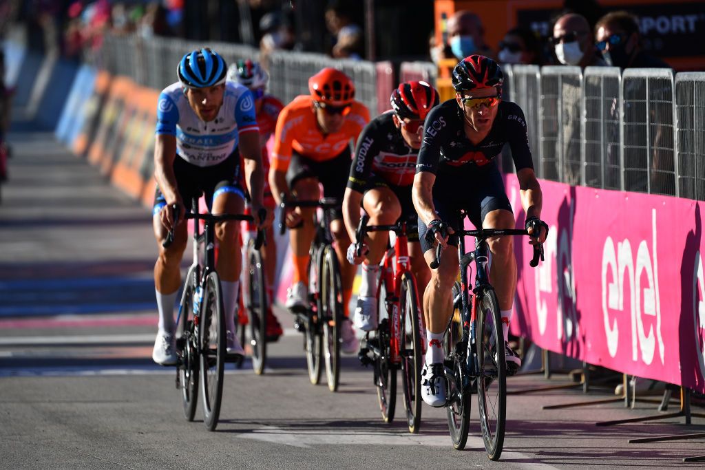 VIESTE ITALY OCTOBER 10 Matthias Brandle of Austria and Team Israel StartUp Nation Matthew Holmes of The United Kingdom and Team Lotto Soudal Salvatore Puccio of Italy and Team INEOS Grenadiers Breakaway during the 103rd Giro dItalia 2020 Stage Eight a 200km stage from Giovinazzo to ViesteGargano girodiitalia Giro on October 10 2020 in Vieste Italy Photo by Stuart FranklinGetty Images