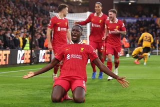 Ibrahima Konate celebrates scoring against Wolves for Liverpool