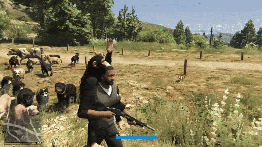 Franklin from GTA 5, accompanied by a huge pack of animals and a chimp on his shoulder.