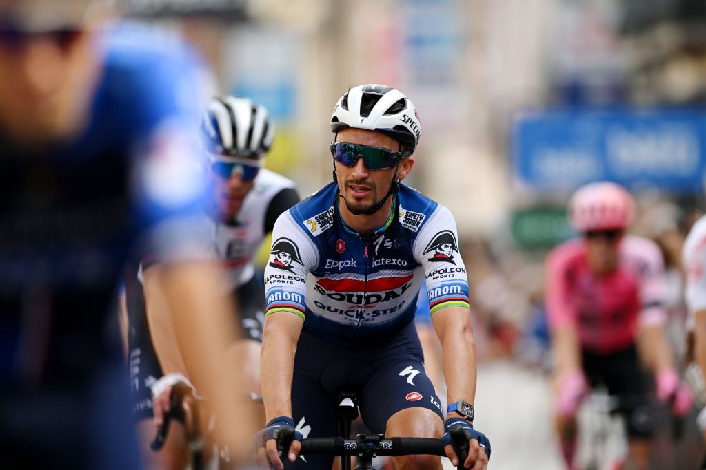 LE COTEAU FRANCE JUNE 06 Julian Alaphilippe of France and Team Soudal Quick Step crosses the finish line during the 75th Criterium du Dauphine 2023 Stage 3 a 1941km stage from MonistrolsurLoire to Le Coteau UCIWT on June 06 2023 in Le Coteau France Photo by Dario BelingheriGetty Images