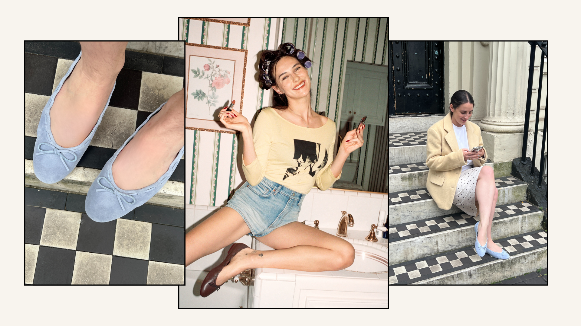 An image of Who What Wear SEO Writer Ava Gilchrist trying on the Reformation Suzanne Ballet Flats.