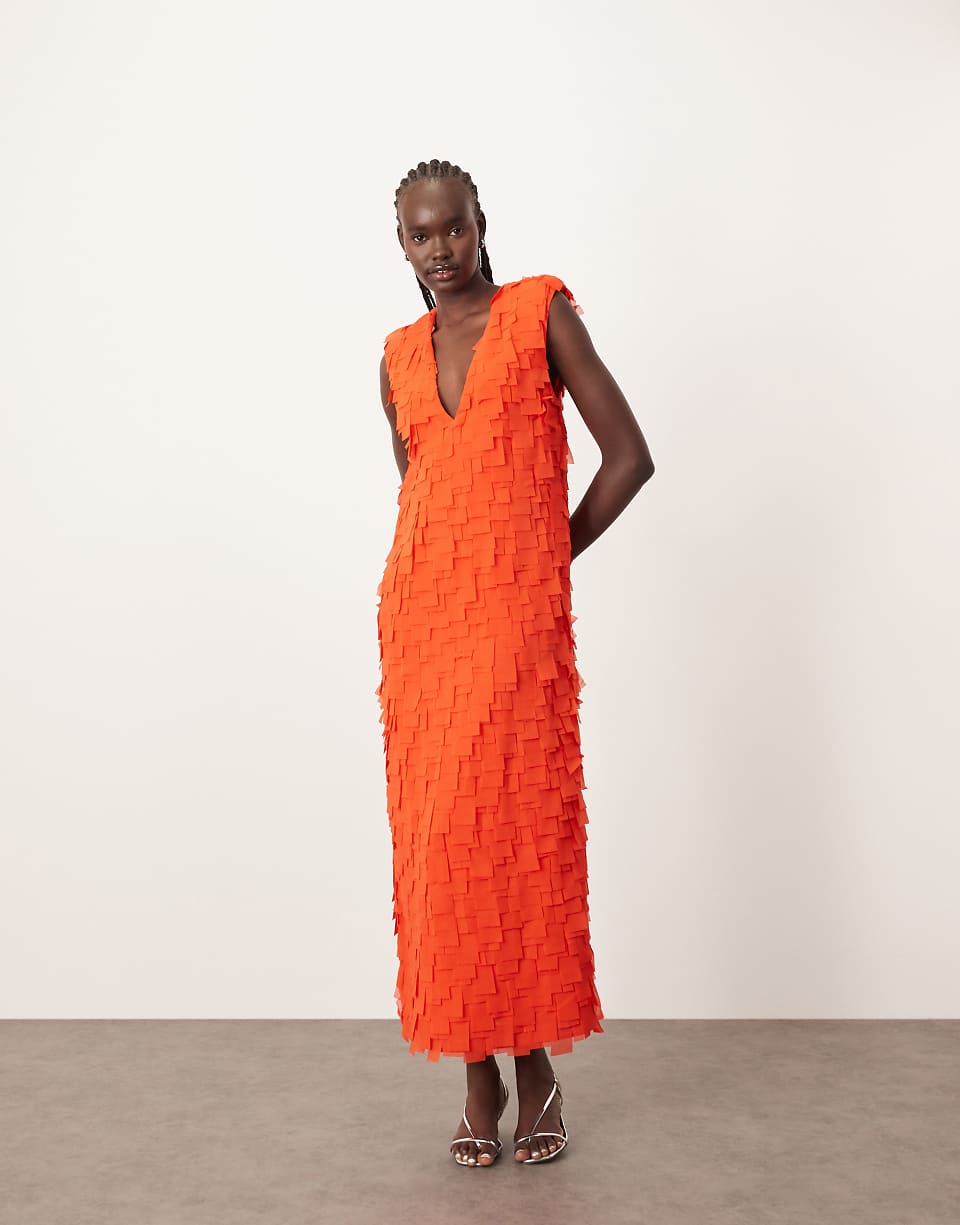 Arrange Laser Cut Plunge Neckline Shoulder Pad Maxi Dress With Pockets in Red
