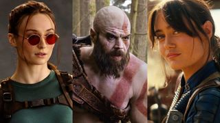 Sophie Turner as Lara Croft in "Tomb Raider," Ryan Hurst as Kratos in "God of War," and Ella Purnell as Lucy in "Fallout" on Prime Video