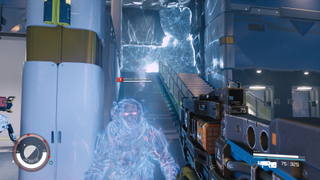 A screenshot of Starfield: Shattered Space showing a gun, health bar and ammo counter in front of ghost-looking spaceman