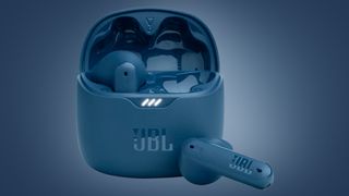 The JBL Tune Flex earbuds on a blue background
