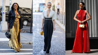 street style influencers showing what to wear to a winter wedding jumpsuit