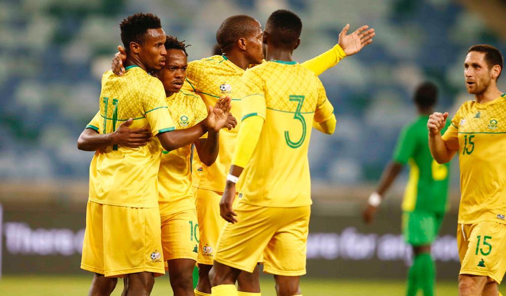 Bafana Bafana&#039;s Percy Tau celebrates his goal with temmates