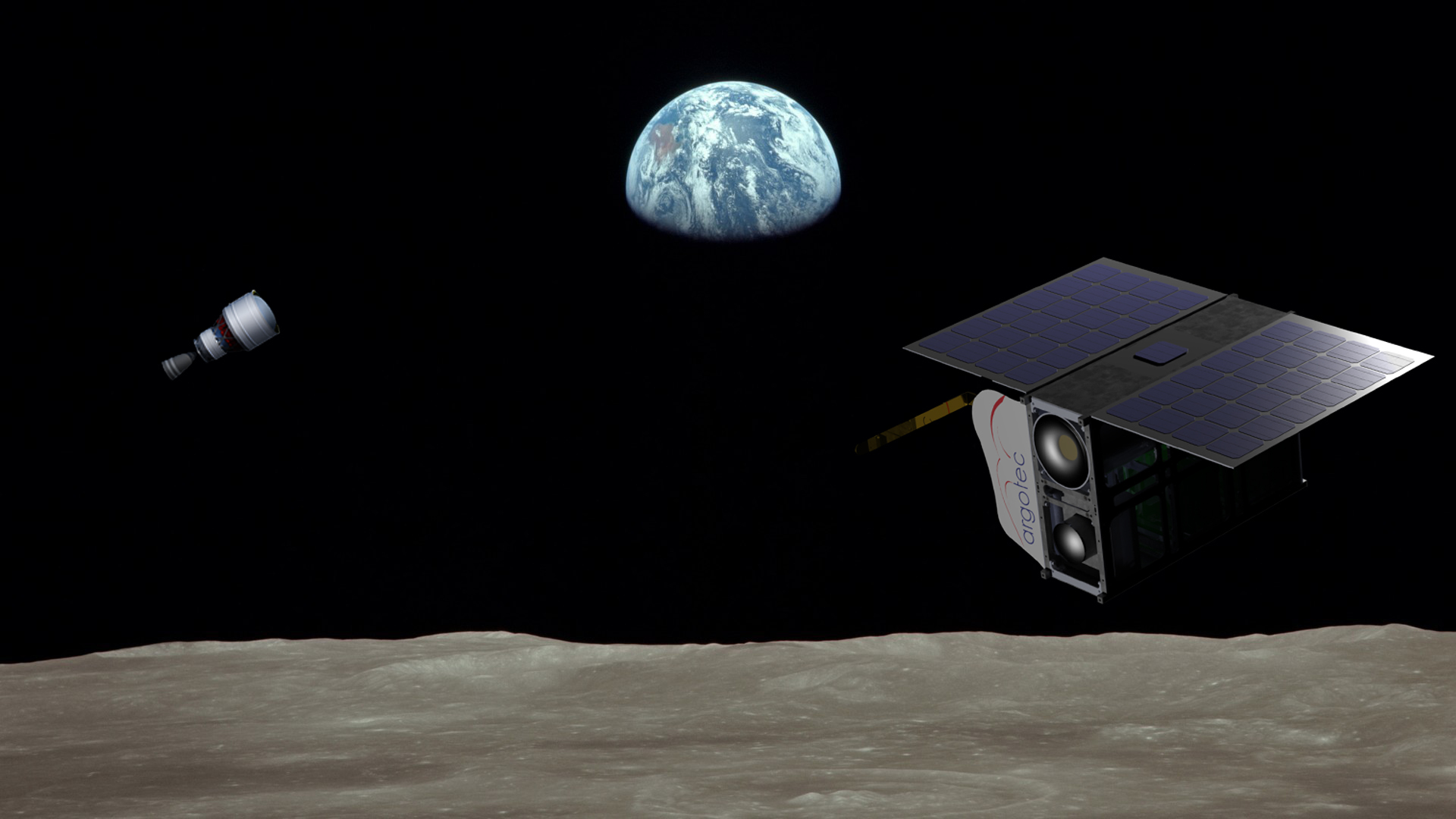 A small satellite orbits the moon.