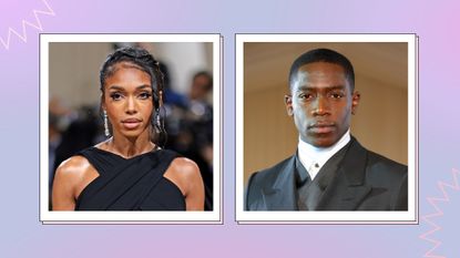 Lori Harvey wearing black dress and Damson Idris wearing a suit while pictured attending the 2022 Met Gala/ in a purple and blue template