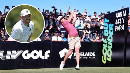 Cameron Smith hits a drive at LIV Golf Adelaide 2024 - inset photo of Louis Oosthuizen looking concerned
