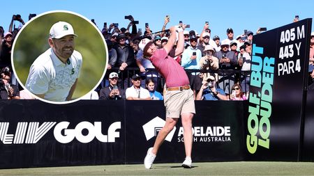 Cameron Smith hits a drive at LIV Golf Adelaide 2024 - inset photo of Louis Oosthuizen looking concerned