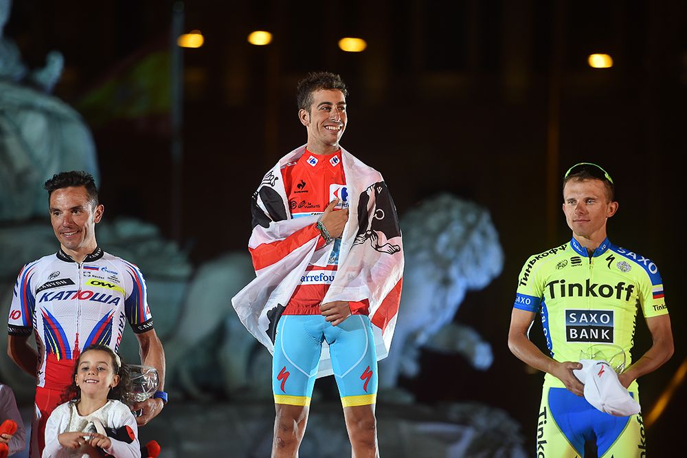 Fabio Aru on the final podium of the 2015 Vuelta a Espana.