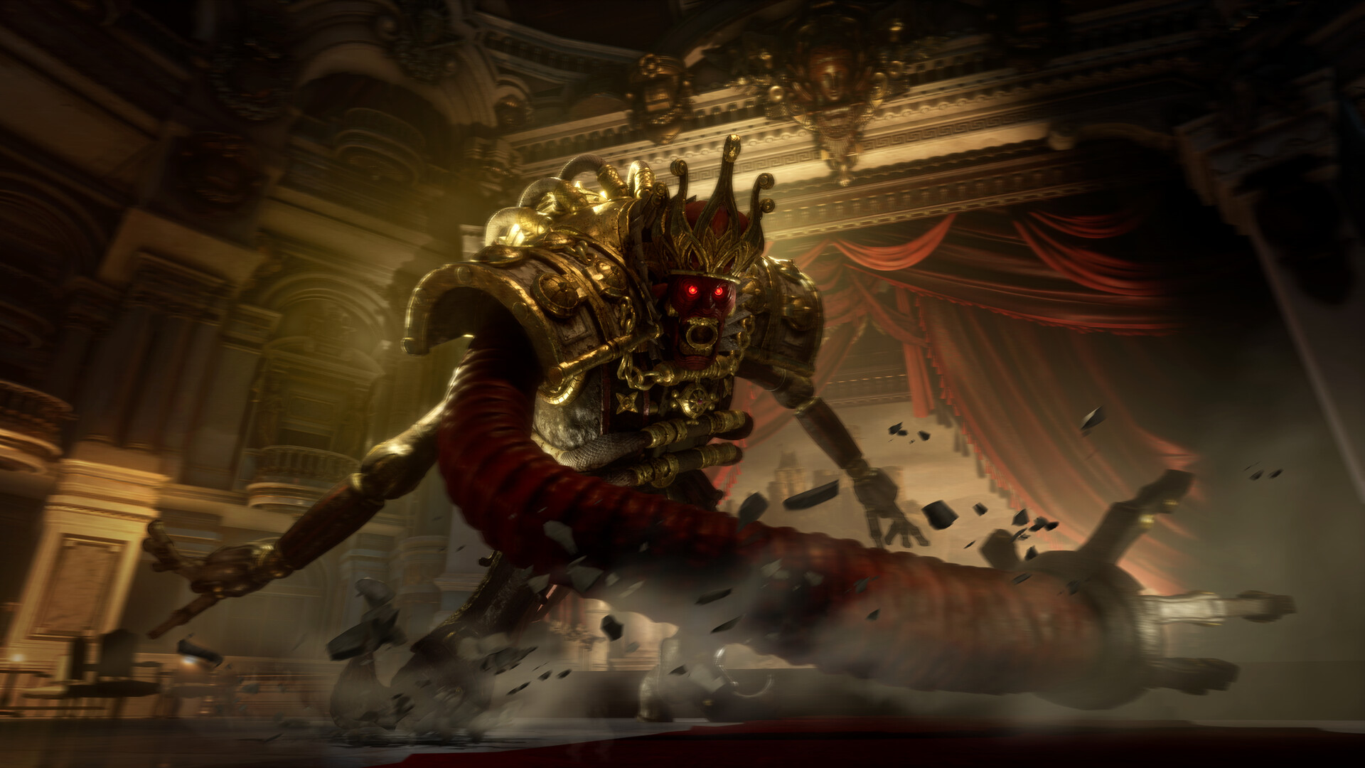 In Lies of P, a giant mechanical foe swipes in the direction of the protagonist