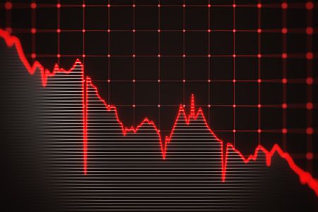 black stock market chart with red arrow indicating crash