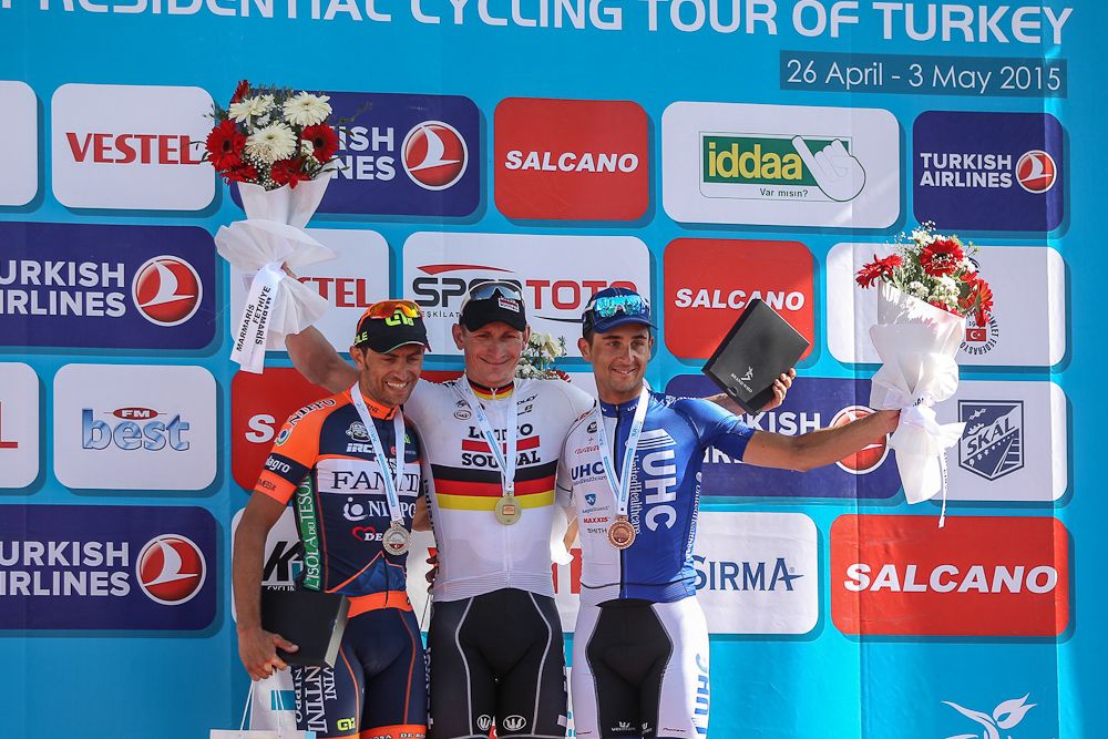 The stage 4 podium: Daniele Colli (Nippo - Vini Fantini), Andr&eacute; Greipel (Lotto Soudal) and Daniele Ratto (UnitedHealthcare)
