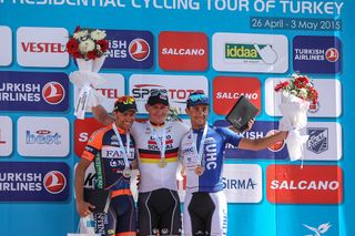 The stage 4 podium: Daniele Colli (Nippo - Vini Fantini), André Greipel (Lotto Soudal) and Daniele Ratto (UnitedHealthcare)
