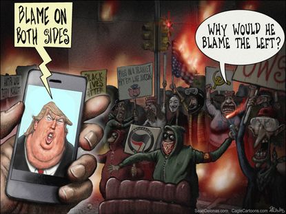 Political cartoon U.S. Trump Charlottesville both sides Antifa protest