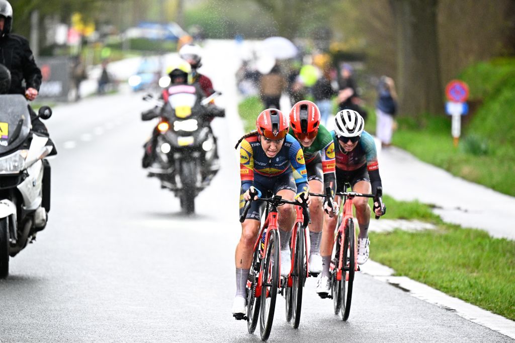 Italian Elisa Longo Borghini of Lidl-Trek, Dutch Shirin Van Anrooij of Lidl-Trek and Polish Katarzyna Niewiadoma of Canyon-SRAM pictured in action during the women's race of the 'Ronde van Vlaanderen/ Tour des Flandres/ Tour of Flanders' one day cycling event, 163km with start and finish in Oudenaarde, Sunday 31 March 2024. BELGA PHOTO JASPER JACOBS (Photo by JASPER JACOBS / BELGA MAG / Belga via AFP)