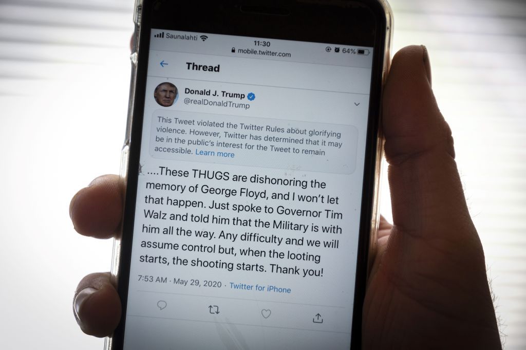 The twitter page of US President Donald Trump&amp;#039;s is displayed on a mobile phone in Vaasa, Finland, on May 29, 2020