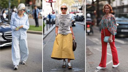 composite of street style shots of women wearing the trainer trends 2024