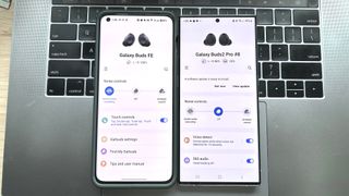Showing app control for Samsung Galaxy Buds FE and Buds2 Pro side by side