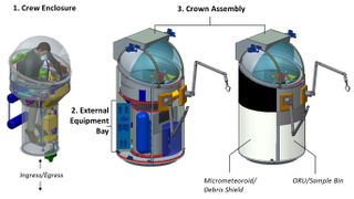 This cutaway view of the single-person spacecraft shows the crew enclosure, the servicing systems and an exterior view.