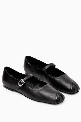 Pleated Leather Mary-Jane Ballet Flats