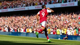 Gabriel Jesus celebrates scoring his first competitive goal for Arsenal in the Premier League match against Leicester.