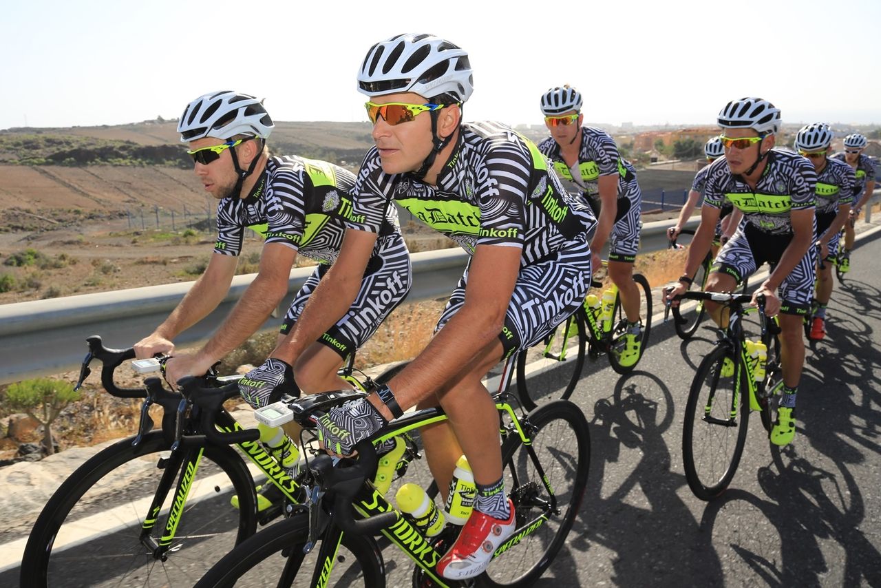 The riders showing off their eye catching combo of 'La Datcha' traning kit and fluo bikes