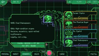 Screenshot from Space Warlord Organ Trading Simulator, showing a number of prospective organ customers.