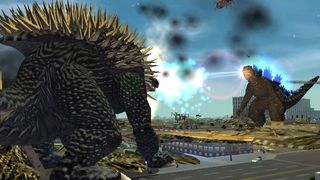 Godzilla fighting giant dinosaur Anguirus in Godzilla: Destroy All Monsters Melee.
