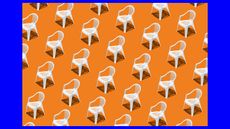 white monobloc chair pattern against orange and blue background