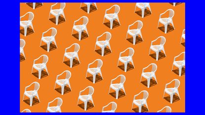 white monobloc chair pattern against orange and blue background