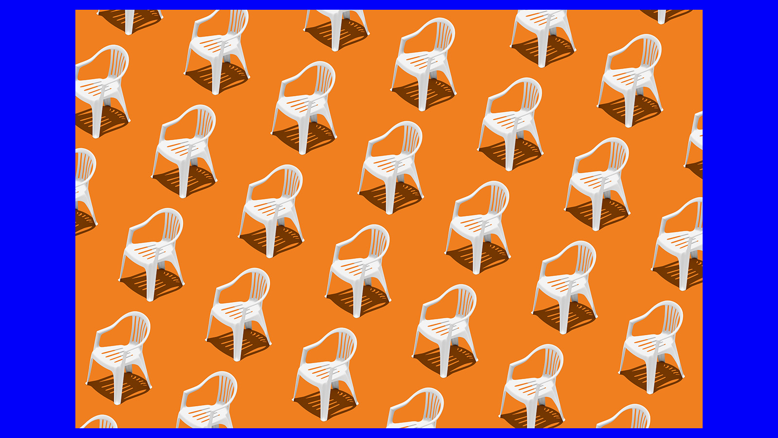 white monobloc chair pattern against orange and blue background