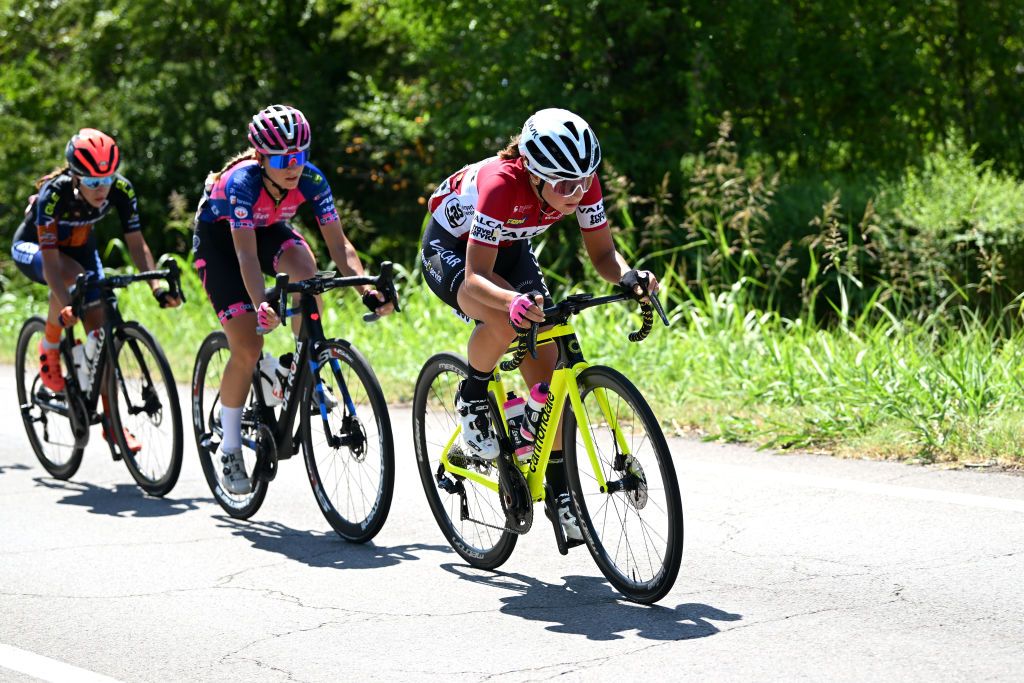 REGGIO EMILIA ITALY JULY 05 Anastasia Carbonari of Latvia and Valcar Travel Service competes in the breakaway during the 33rd Giro dItalia Donne 2022 Stage 5 a 1261km stage from Carpi to Reggio Emilia GiroDonne UCIWWT on July 05 2022 in Reggio Emilia Italy Photo by Dario BelingheriGetty Images