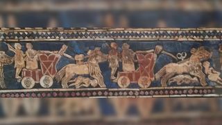The war panel from the "Standard of Ur," a 4500-year-old Sumerian mosaic now in the British Museum, shows teams of kungas drawing four-wheeled wall wagons.