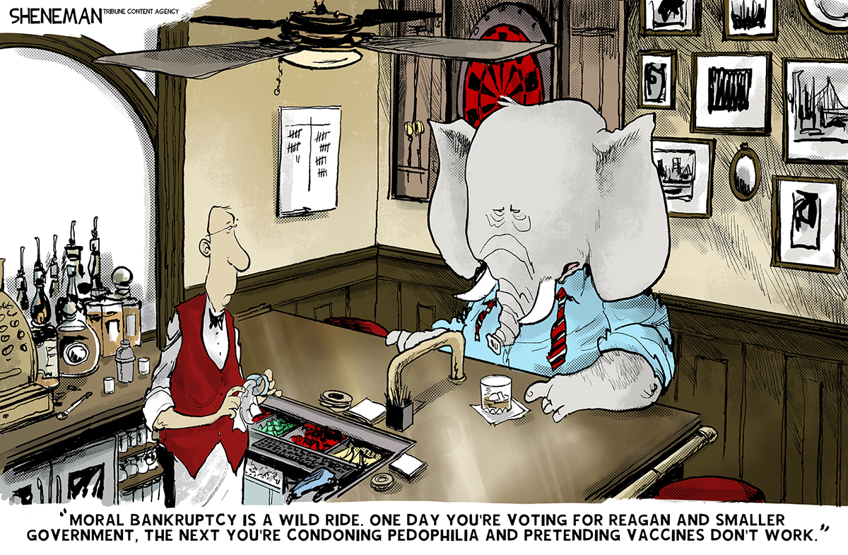 A sad-looking elephant with his tie undone and his sleeves rolled up sits at the corner of a lonely bar. The bartender stands nearby cleaning a glass. The elephant says, &amp;ldquo;Moral bankruptcy is a wild ride. One day you&amp;rsquo;re voting for Reagan and smaller government, the next you&amp;rsquo;re condoning pedophilia and pretending vaccines don&amp;rsquo;t work.&amp;rdquo;