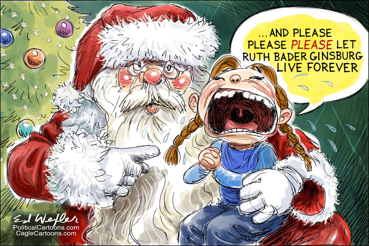 Editorial cartoon U.S. Christmas Ruth Bader Ginsburg live forever Supreme Court Justice surgery