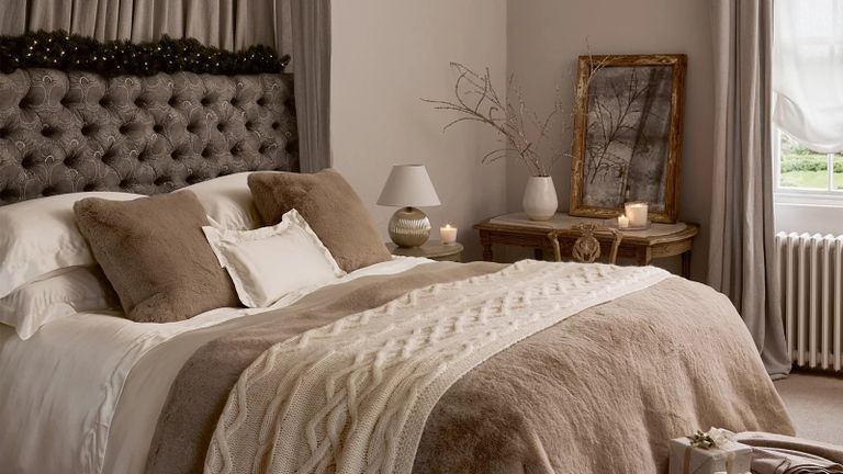 A luxury neutral bedroom with button back headboard and Audley Pure Silk Oxford Silk Pillowcase With Border from The White Company
