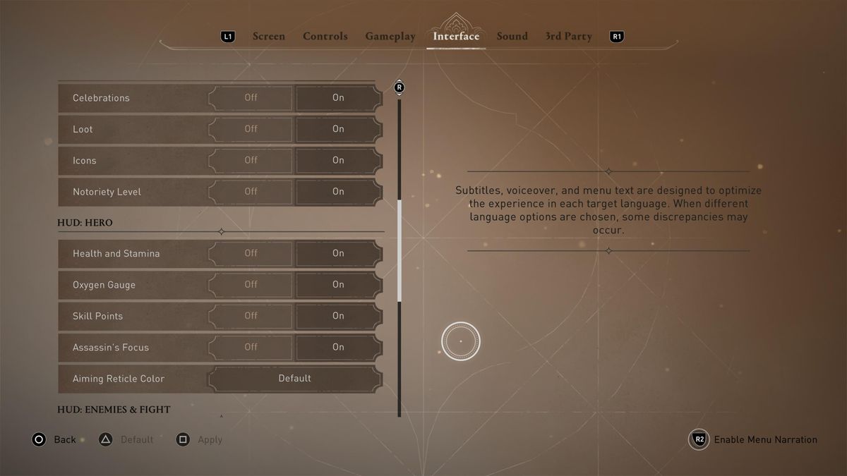 Screenshots of menus from Assassin's Creed Mirage