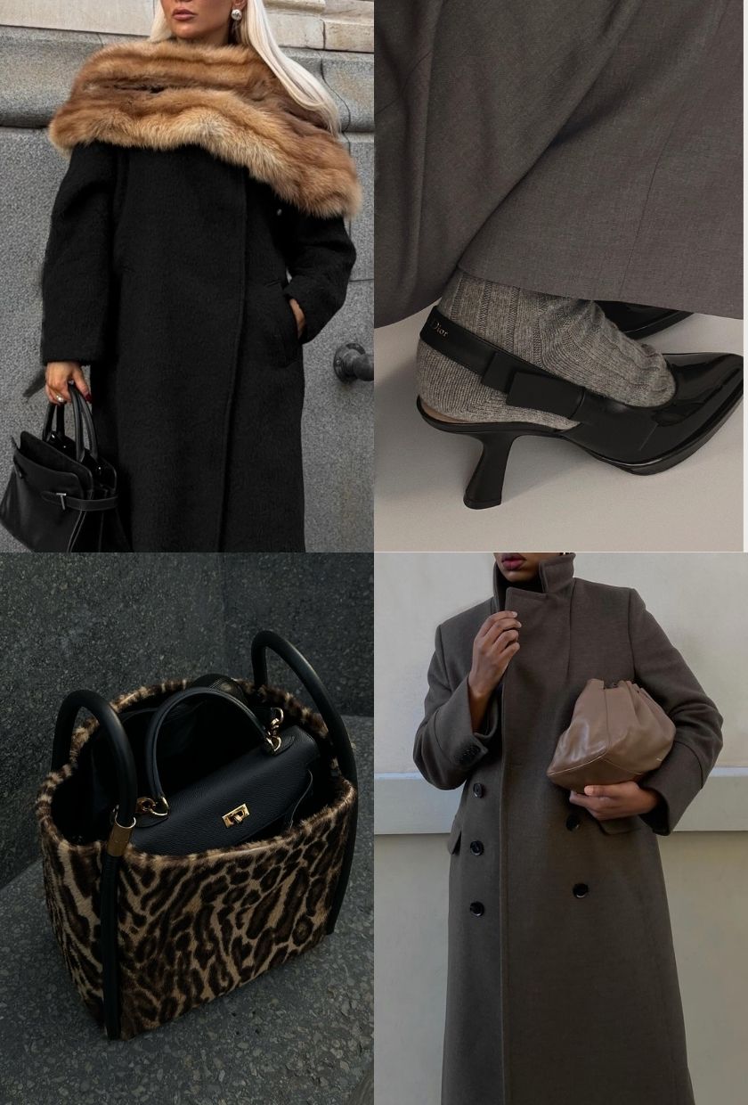 Close-up shots of a faux-fur scarf worn over a black coat, grey socks paired with Dior slingback heels, a leopard bucket bag, and a brown wool coat with a tan leather clutch