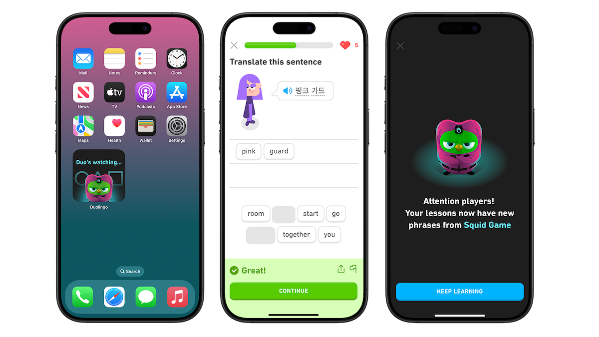 An example of Duolingo's app featuring Squid Game phrases and an avatar of Duo in the pink jumpsuit