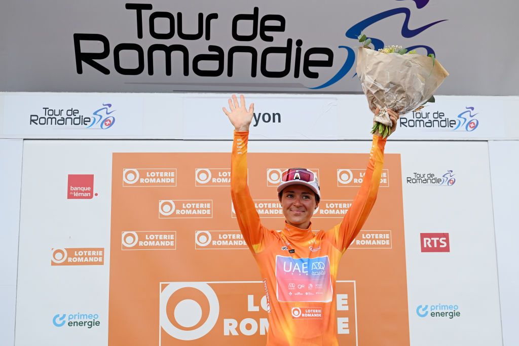 NYON SWITZERLAND SEPTEMBER 17 Sofia Bertizzolo of Italy and UAE Team ADQ Orange Points Jersey celebrates at podium during the 2nd Tour de Romandie Feminin 2023 Stage 3 a 1108km stage from Vernier to Nyon UCIWWT on September 17 2023 in Nyon Switzerland Photo by Dario BelingheriGetty Images