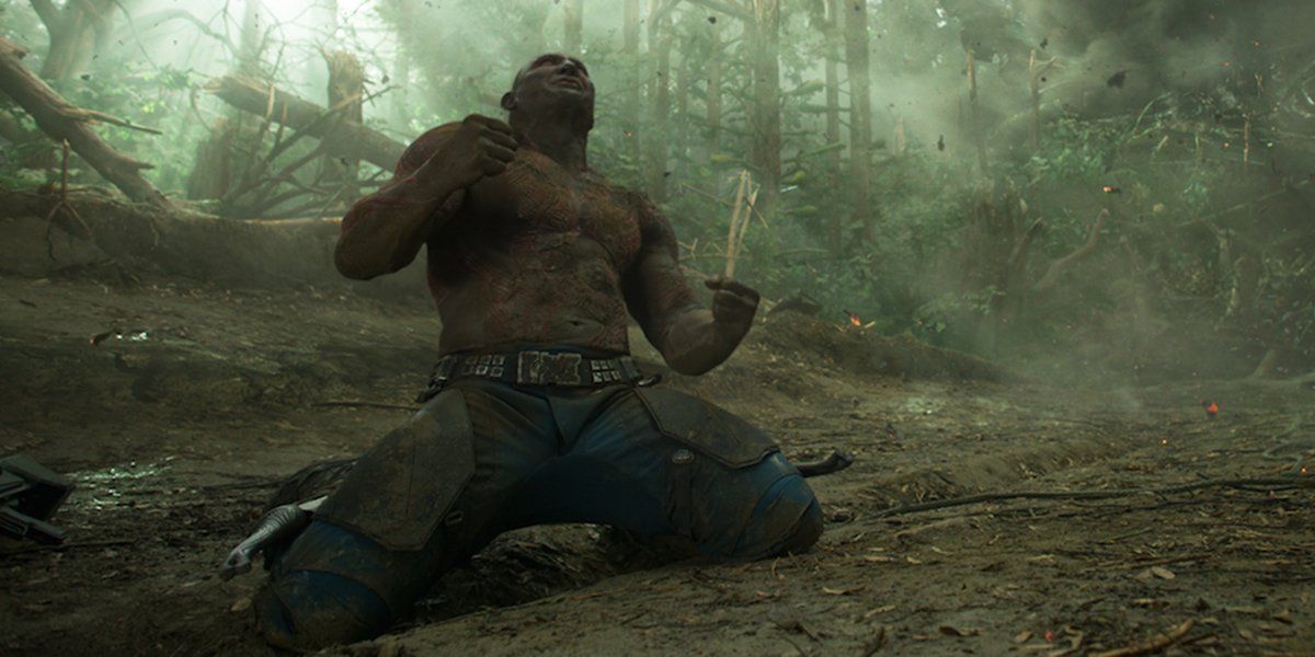 Drax on his knees in grief