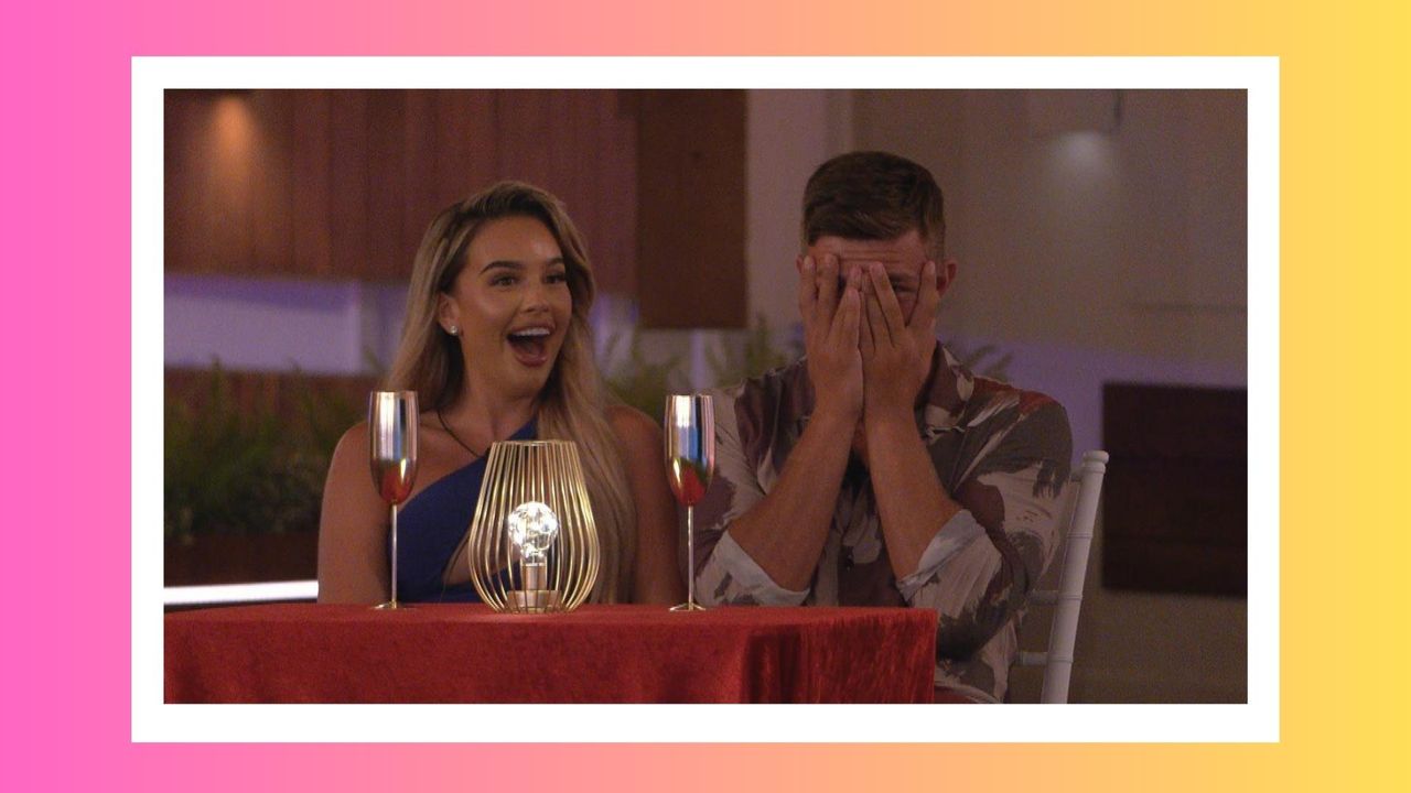 Love Island 2023: Ella B looks shocked alongside Mitch who is covering his face with his hands during the Love Island &#039;Grafties&#039; / in a pink and yellow gradient template