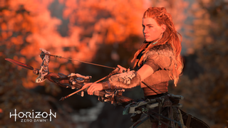 horizon zero dawn press assets: image of aloy holding her bow at sunset