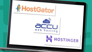 Best anonymous hosting: Hostinger, Accu Web hosting and HostGator logo on a MAC laptop