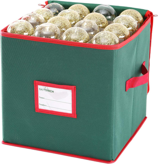 red and green ornament storage container