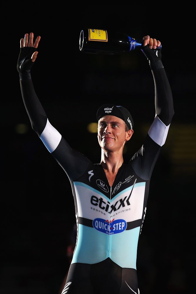 Niki Terpstra of The Netherlands celebrates winning the 30km Points race round of the 1878 Cup during day one of the London Six Day Race