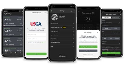 Five phone screens showing the news USGA integration on the Arccos Caddie app